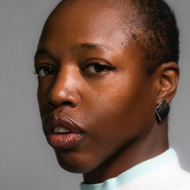 Image shows a close-up portrait of a dark brown Blk woman with short hair, wearing a light-colored, textured top. She has a neutral expression, in quarter-profile, and is looking slightly over-her-shoulder directly at the camera. The background is light grey, and the lighting highlights her high cheekbones, parted lips, black lined eyes, and other facial features. They are wearing geometric black, rimmed with bronze, earrings, with a single small silver stud nose piercing.