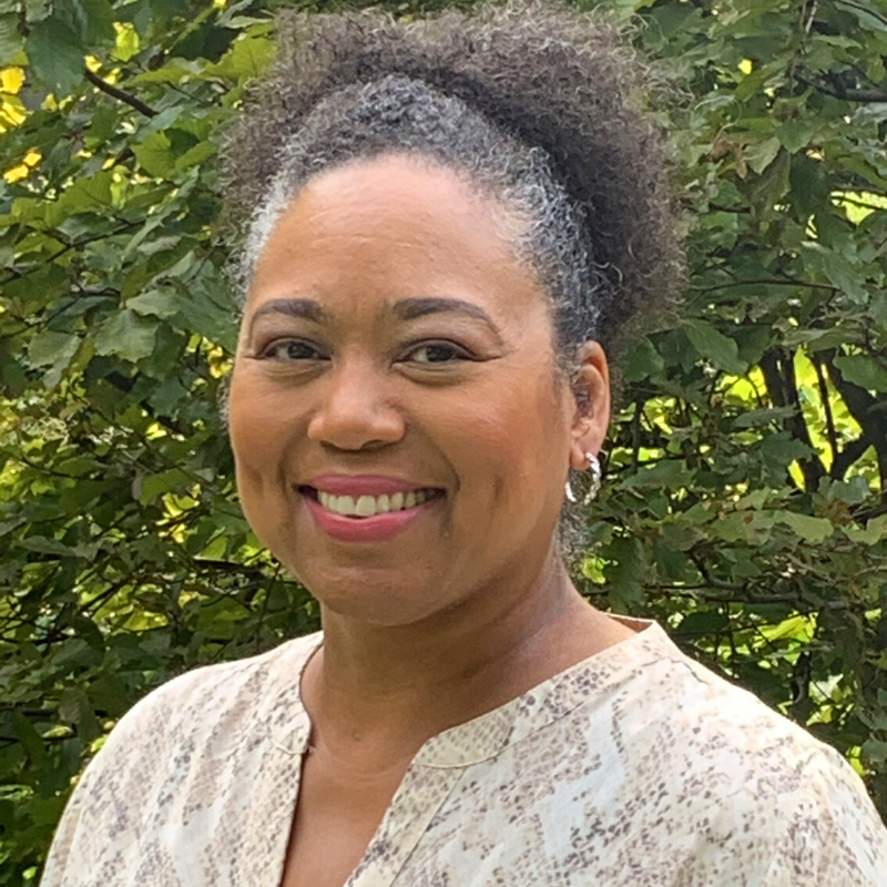 A woman with small silver hoop earrings, cream snake pattern top, pink lipstick, and curly hair pulled up.